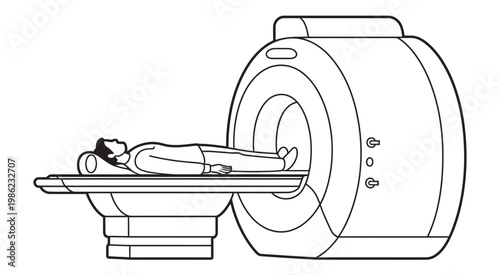 MRI scan procedure illustration healthcare diagnostic imaging test, magnetic resonance examination concept, hospital medical equipment, vector flat design