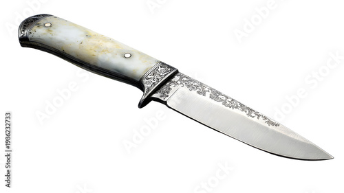 Ornate Knife with Pearlescent Handle and Intricate Engraved Blade