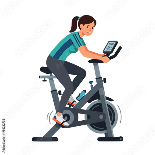 A woman is happily exercising on an exercise bike. 