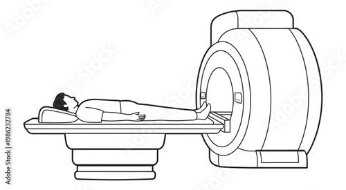 MRI scan procedure illustration healthcare diagnostic imaging test, medical imaging hospital procedure concept, MRI machine examination, flat vector graphic