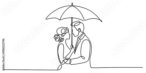 Minimalist one line art of a bride and groom sharing an umbrella on their wedding day Vector, illustration