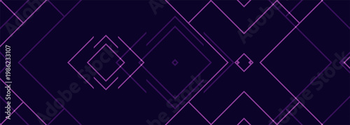Modern wide abstract background with purple and pink geometric lines and shapes. Dark futuristic horizontal banner. Vector illustration