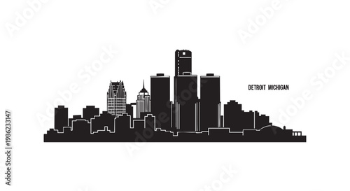 Detroit Michigan skyline silhouette, modern city architecture, urban landscape illustration, recognizable landmarks.