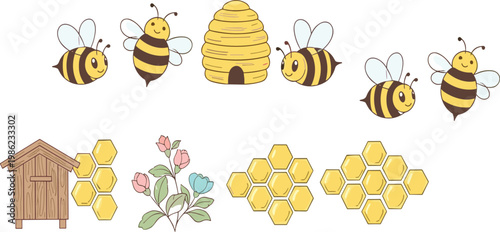 Cute Bee and Beehive Cartoon Elements Set with Honeycomb Flowers and Apiary Objects Vector Illustration Collection