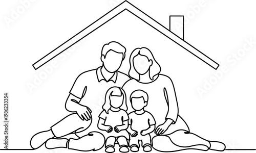 Continuous line drawing of a happy family sitting together under the roof of their home representing love security protection unity and togetherness for modern art