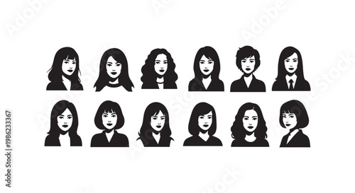 Diverse female face portraits collection showing various hairstyles and expressions in black and white vector flat design.