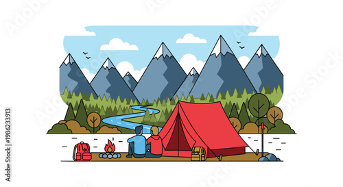 Two adventurous campers sit peacefully beside a crackling campfire next to their red tent while overlooking a winding blue river and majestic mountains.