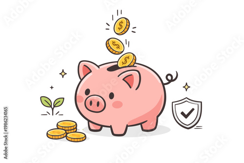 Charming hand-drawn piggy bank vector illustration with gold dollar coins falling into the slot, representing financial savings, investment growth, secure banking, and wealth management concept.
