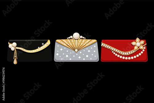 Collection of three elegant evening clutch purses in black, silver, and red, decorated with luxury pearls, gold chains, and floral motifs, perfect for formal gala events, weddings, and parties.