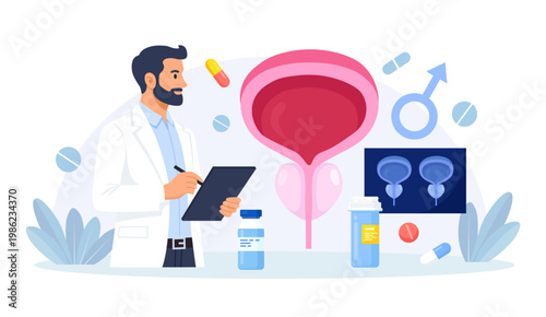 Urinary Tract Infections, Cystitis. Diagnosis, Treatment of Bladder Diseases, Inflammation, Urine Analysis. Doctor Researching Urethritis, Genital Infection. Vector Flat Illustration