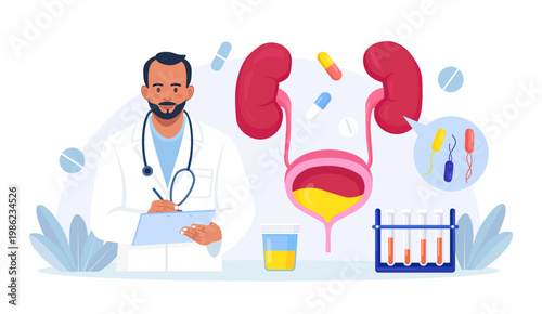 Urinary Tract Infections, Cystitis. Diagnosis, Treatment of Bladder Diseases, Inflammation, Urine Analysis. Doctor Researching Urethritis, Genital Infection. Vector Flat Illustration