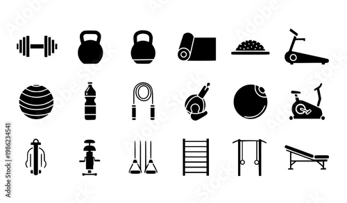 Minimal gym equipment icon set with black silhouettes of dumbbells, treadmill, yoga mat, and fitness gear