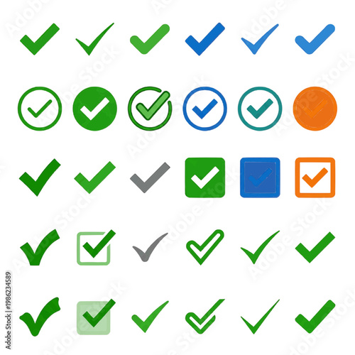 Collection of different green check mark symbols in various styles, representing validation and confirmation.