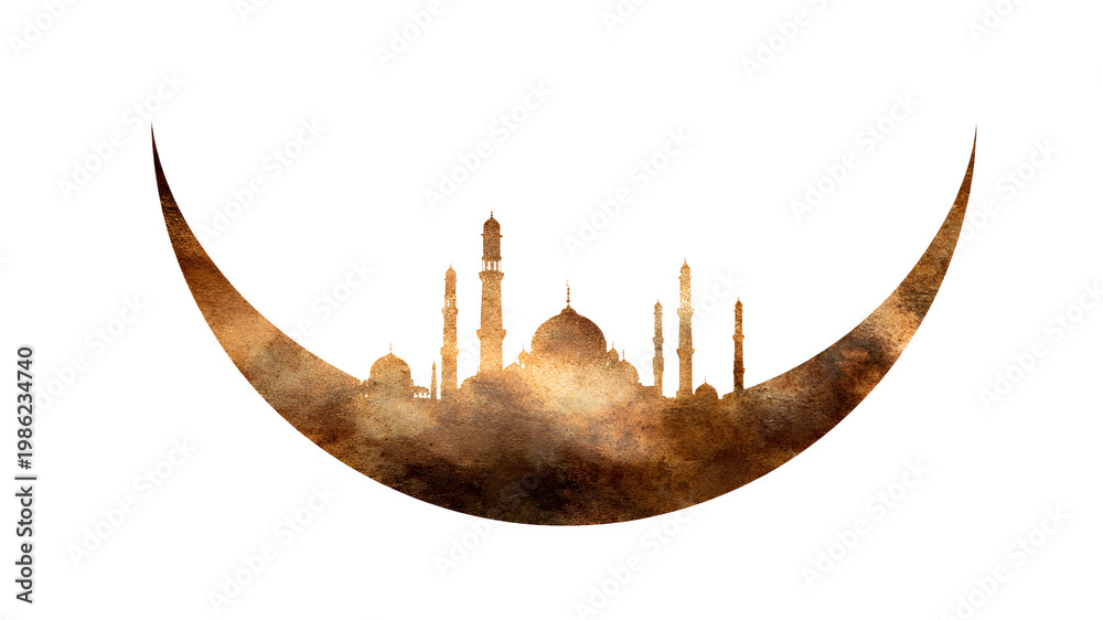 Fototapeta premium Golden City Skyline Silhouette on Crescent Moon