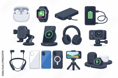 Collection of Modern Smartphone Accessories and Electronic Gadgets for Everyday Use. Flat Vector Illustration of Wireless Earbuds, Smartwatch, Power Bank, Headphones, Action Camera, and Chargers.
