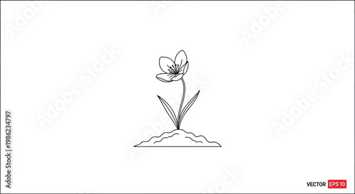 Simple line art illustration of a single blooming flower growing out of the soil representing nature conservation and organic growth for a fresh garden project