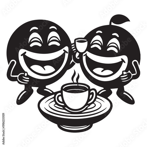 laughing emoji characters having a funny tea party