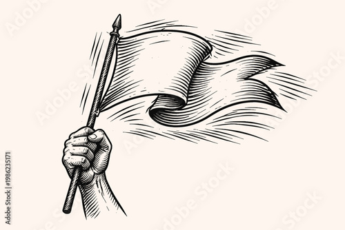 Vintage Engraved Illustration of a Strong Hand Holding a Waving Flag with Dynamic Motion Lines, Symbolizing Victory, Protest, Revolution, and Freedom in a Classic Woodcut Sketch Style Vector.
