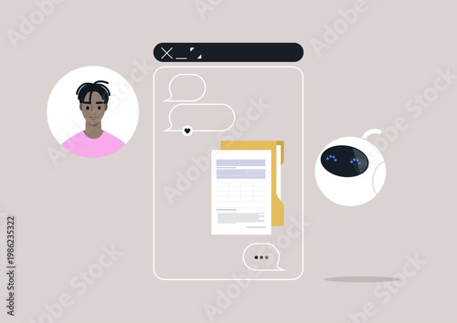 A user interacts with an artificial agent chatbot on a sleek, digital interface, The assistant displays requested prompt results and engaging speech bubbles, creating a lively dialogue atmosphere