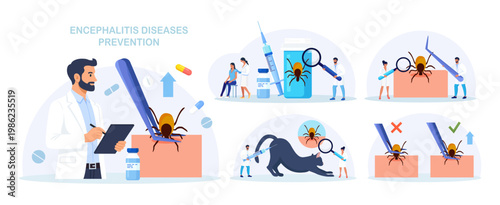 Set of Prevention of Lyme, Encephalitis. Doctor Removes Encephalitis Ticks. Parasite Carrying Disease. First Aid with Infections Transmitted by Mites. Tick attached to skin, removed with tweezers