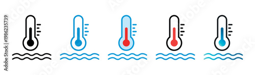 Water Thermometer Vector Flat Icons Set on White Background. Water Temperature Indicator Signs Collection for Pool, Sea Water, Temp Conditioner System.