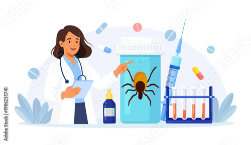 Prevention of Lyme, Encephalitis Diseases. Removing Encephalitis Ticks. Parasite Carrying Disease. First Aid with Infections Transmitted by Mites. Tick attached to skin, removed with tweezers