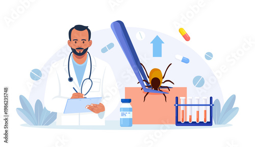 Prevention of Lyme, Encephalitis Diseases. Removing Encephalitis Ticks. Parasite Carrying Disease. First Aid with Infections Transmitted by Mites. Tick attached to skin, removed with tweezers