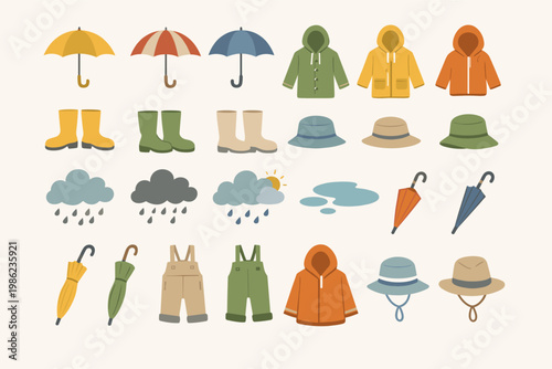 Set of 24 Flat Vector Icons for Spring Rain Gear in a Muted Editorial Palette Featuring Umbrellas, Raincoats, Rubber Boots, Hats, Rain Clouds, and Puddles for Seasonal Weather Design Projects