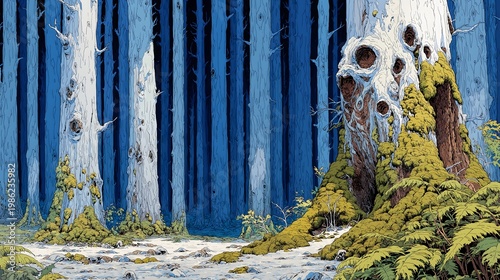 World Earth Day Pan's Elegy Silent Forest Illustration, Hyperrealistic Bare Trunks, Pan Vine & Moss, Panpipe & Mycelium Eco-Warning Use