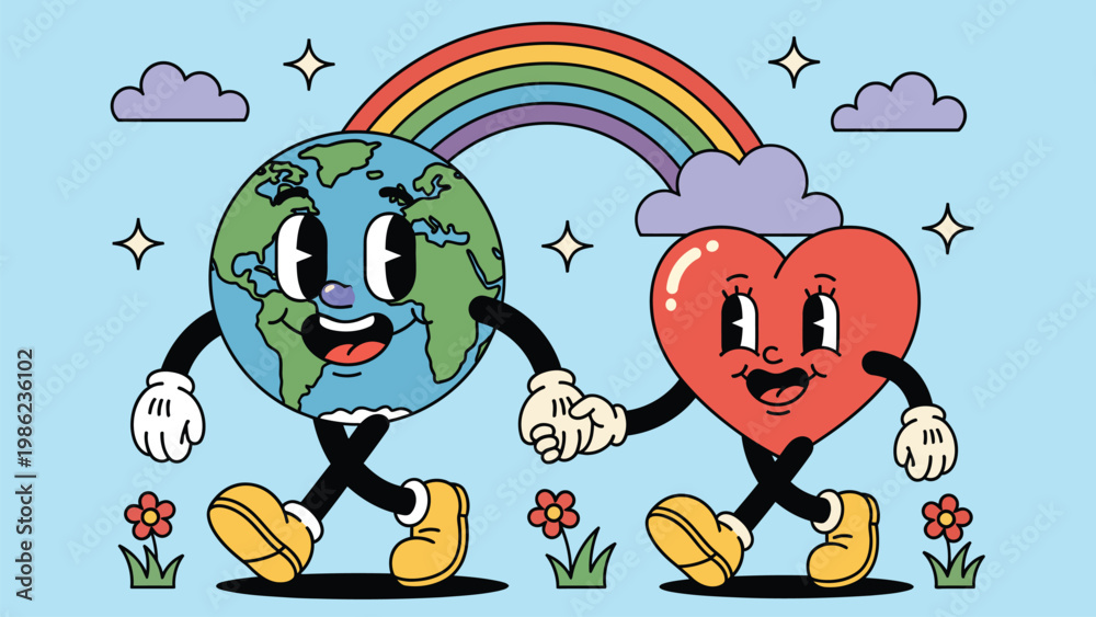 Fototapeta premium Adorable cartoon illustration of Earth and heart characters holding hands under a colorful rainbow. Symbolizing love, environmental care, unity, and sustainability
