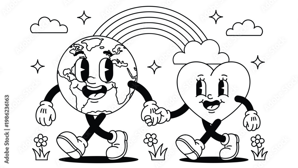 Fototapeta premium Black and white line art illustration of cute Earth and heart characters holding hands under a rainbow. Ideal for coloring pages, kids activities, educational worksheets, and Earth Day themed material