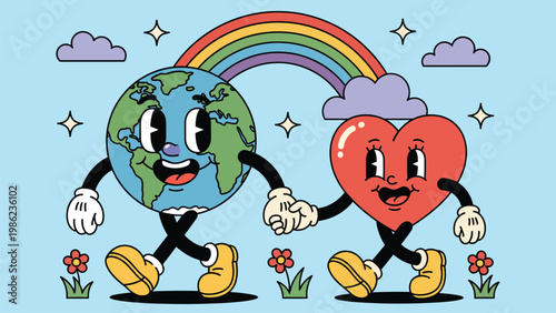 Adorable cartoon illustration of Earth and heart characters holding hands under a colorful rainbow. Symbolizing love, environmental care, unity, and sustainability