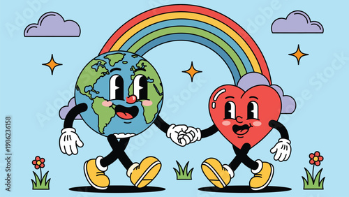 Adorable cartoon illustration of Earth and heart characters holding hands under a colorful rainbow. Symbolizing love, environmental care, unity, and sustainability