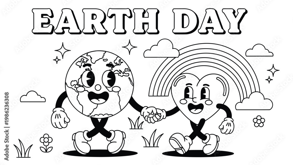 Obraz premium Black and white line art illustration of cute Earth and heart characters holding hands under a rainbow. Ideal for coloring pages, kids activities, educational worksheets, and Earth Day themed material