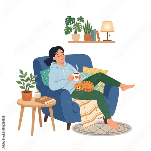 A person relaxing at home and enjoying her drink while her cat sleeps