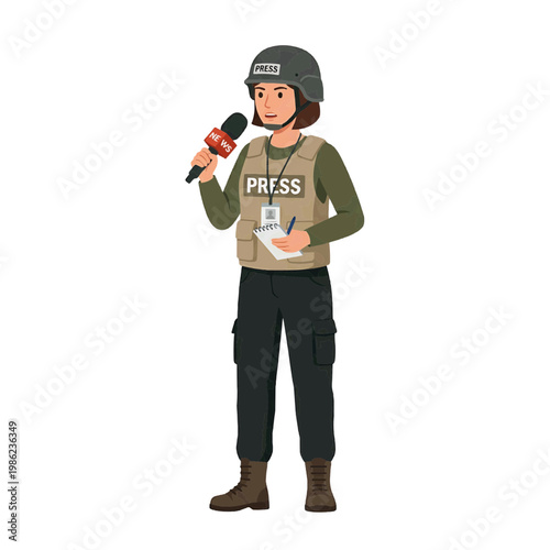 A female journalist reporting from a conflict zone, holding a microphone, pen and notepad, ready to document the situation.