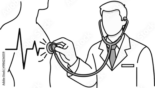 Doctor using stethoscope to listen to heartbeat with ecg monitor