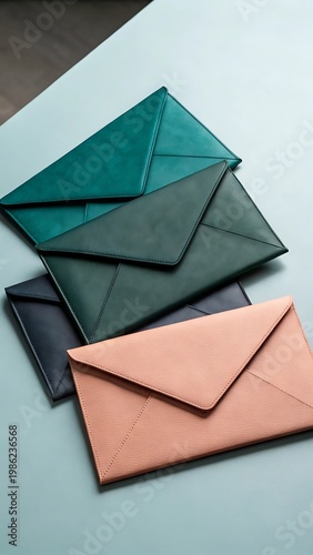 Four elegant leather envelopes in different colors stacked on a table
