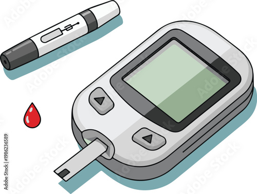 Blood glucose meter with test strip and drop of blood