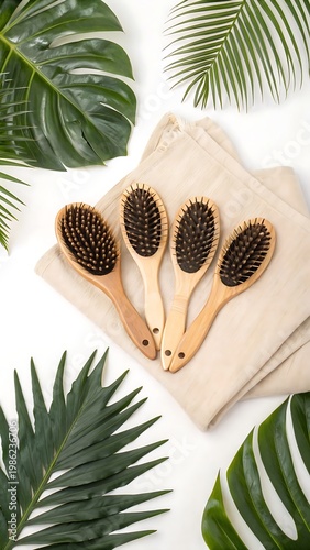 Four wooden hair brushes with natural bristles arranged on a linen cloth with tropical leaves