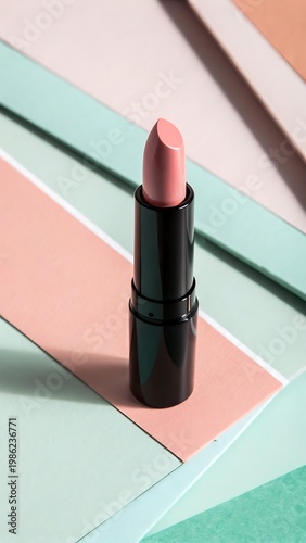 Elegant pink lipstick stands out against a backdrop of pastel colored paper