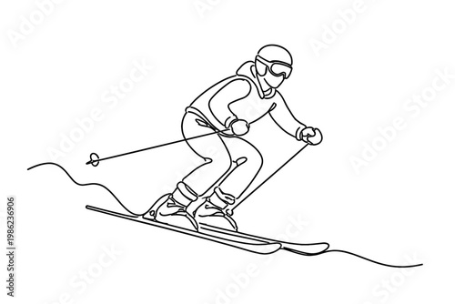 Minimalist continuous line drawing of a professional skier sliding down a snowy hill. Simple vector art of a winter athlete in motion with ski gear, helmet, and goggles on white background.