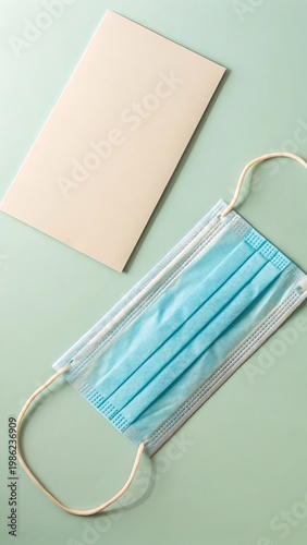 Medical face mask and blank card on a pastel green background