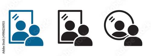 Mirror looking icon, man looking at mirror vector illustration, person standing in front of reflection sign, mirror image concept design