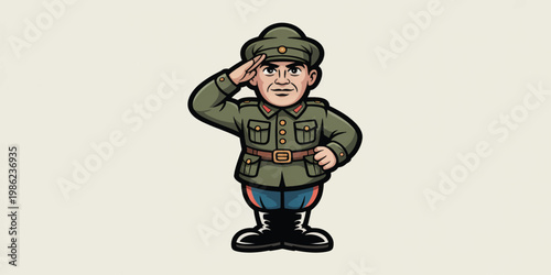 cartoon style vector illustration of a funny soldier man character wearing a uniform and hat