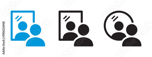 Mirror looking icon, man looking at mirror vector illustration, person standing in front of reflection sign, mirror image concept design