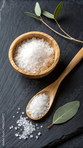 Coarse sea salt in wooden bowl and spoon with eucalyptus leaves