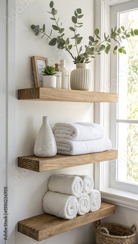 Modern bathroom shelves display white towels and decorative items