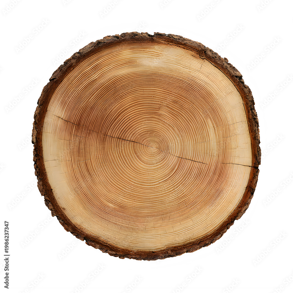 Fototapeta premium Tree trunk cross section cut annual rings visible wooden slice transparent background