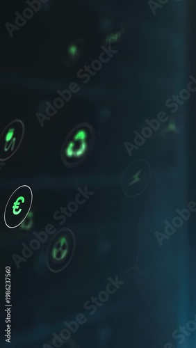 Neon-green icons appearing, drifting right, rotating and pulsing, highlighting energy recycling